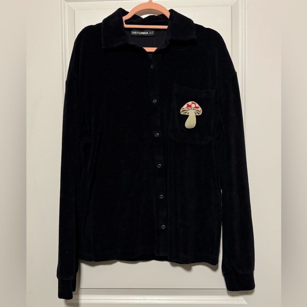 Disturbia Black Button-Down Shirt with Red & Cream Mushroom Patch